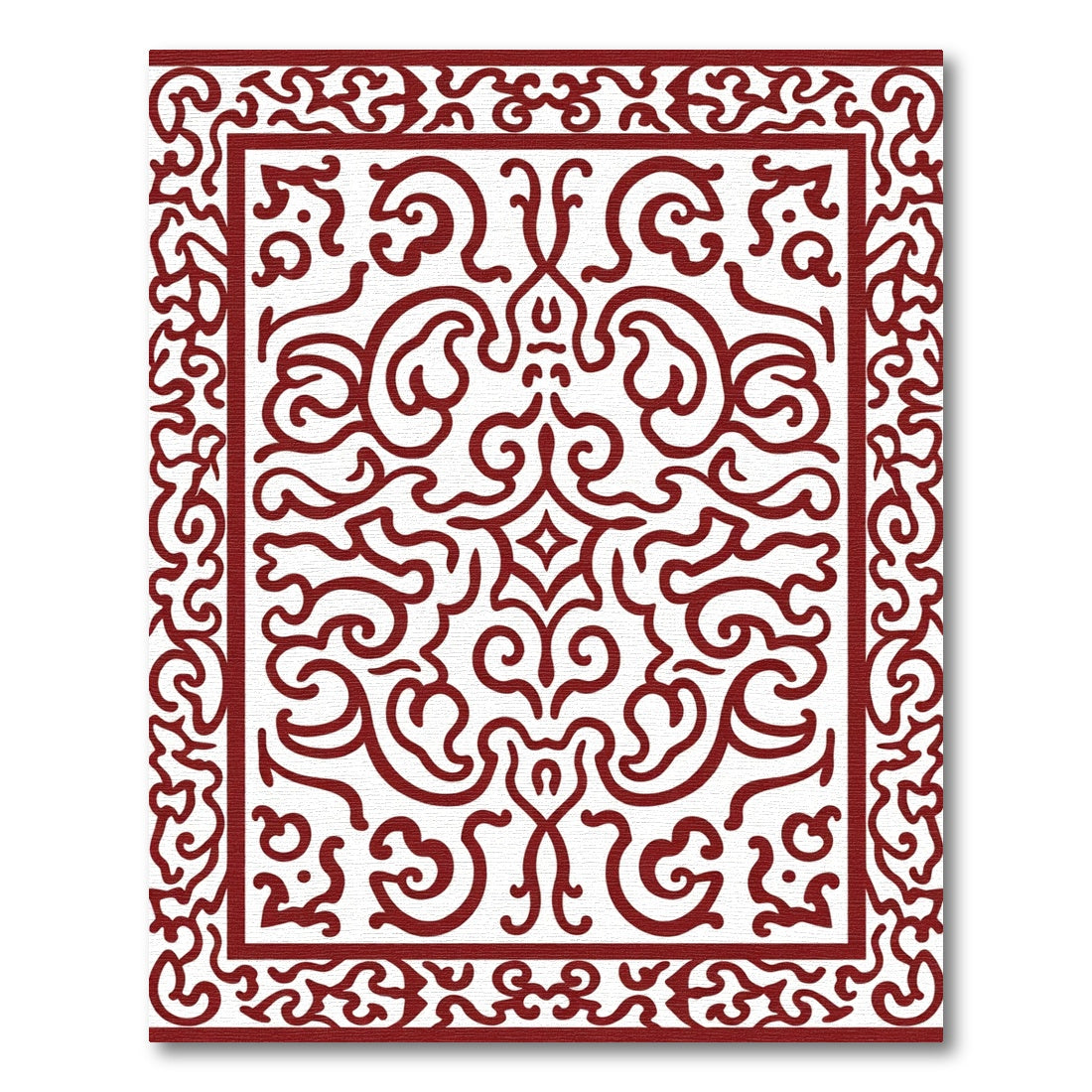 Deep Red Elaborate Swirl Border Rug