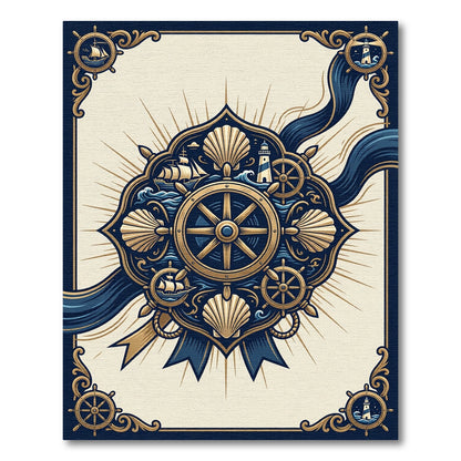Nautical Gold and Navy Compass Medallion Rug