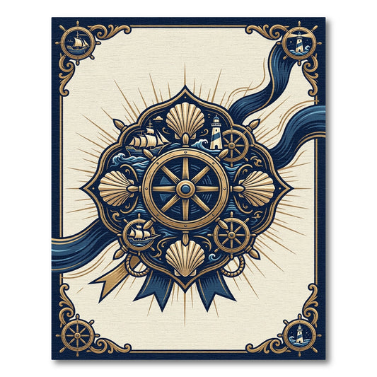 Nautical Gold and Navy Compass Medallion Rug