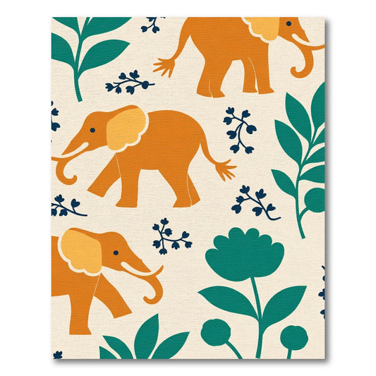 Orange Elephant Teal Foliage Cream Background Rug