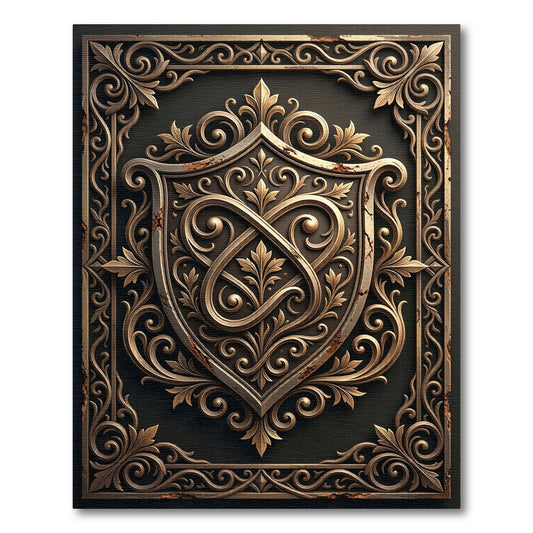 Ornate Bronze Filigree Shield Emblem Rug