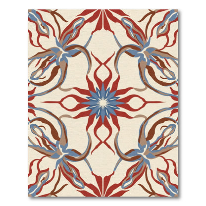 Red Blue Abstract Floral Scroll Rug