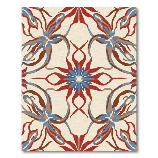 Red Blue Abstract Floral Scroll Rug