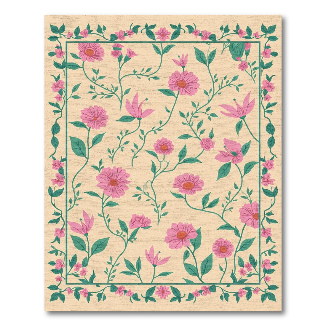 Pink Floral Vine Border Rug