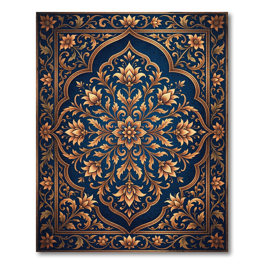 Ornate Blue Golden Floral Medallion Rug