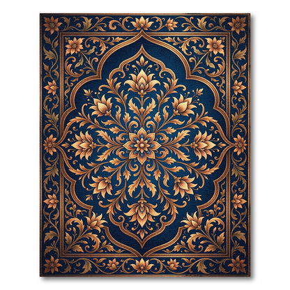 Ornate Blue Golden Floral Medallion Rug