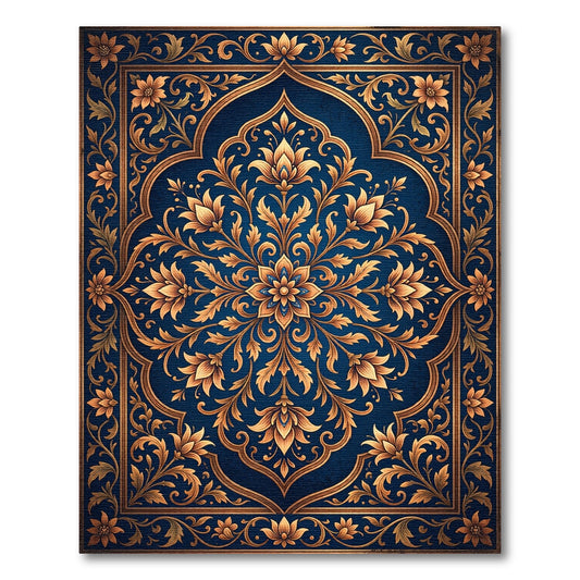 Ornate Blue Golden Floral Medallion Rug