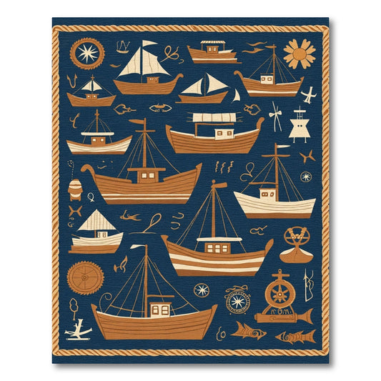 Nautical Boat Illustration Navy Blue Rug