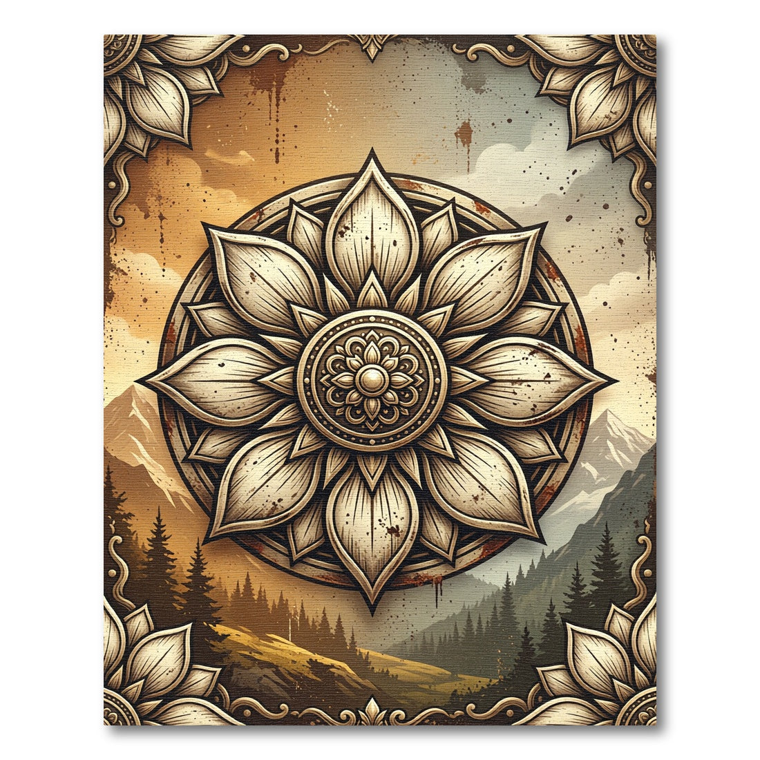 Golden Lotus Mandala Mountain Landscape Rug