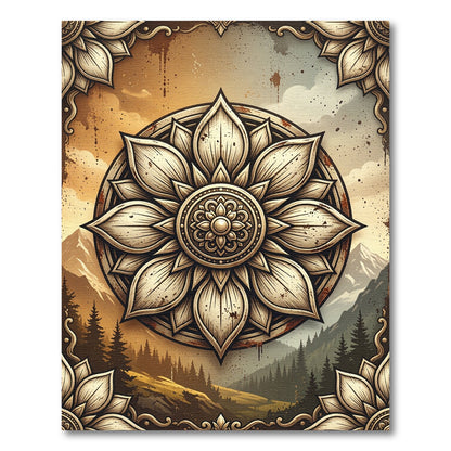 Golden Lotus Mandala Mountain Landscape Rug