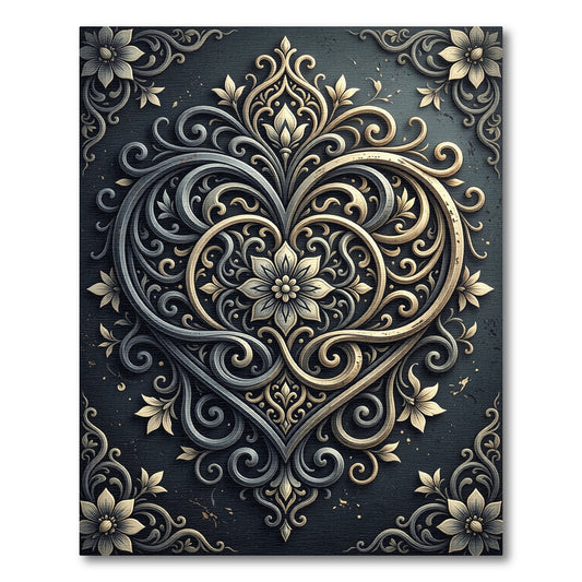 Ornate Gold Gray Filigree Heart Rug