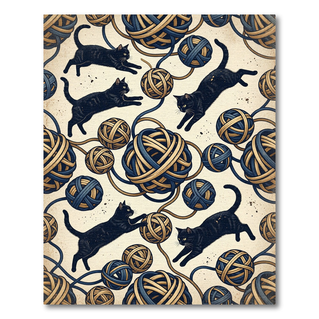 Playful Black Cat Indigo Yarn Ball Rug