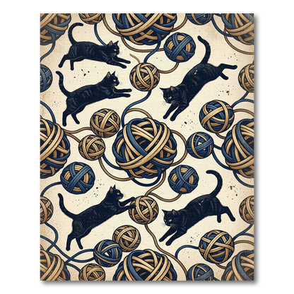 Playful Black Cat Indigo Yarn Ball Rug