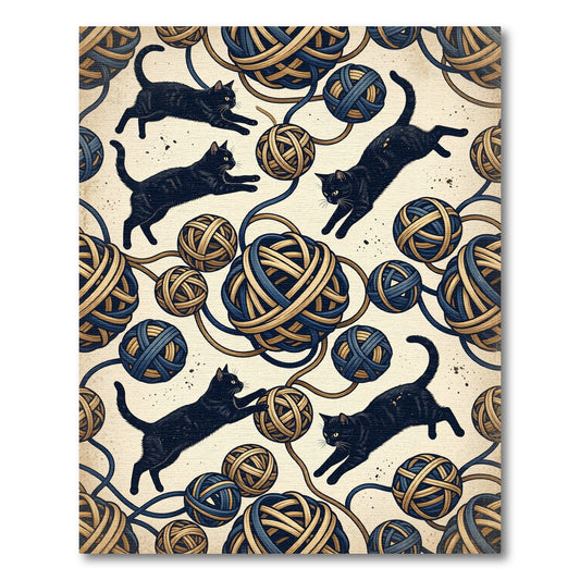 Playful Black Cat Indigo Yarn Ball Rug