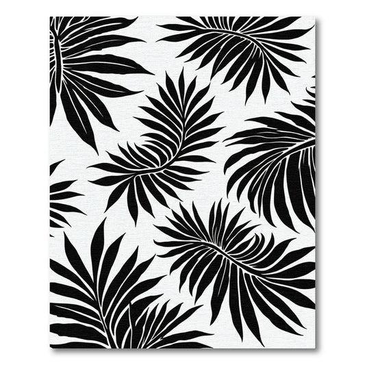 Black Palm Frond Tropical Leaf Composition Rug