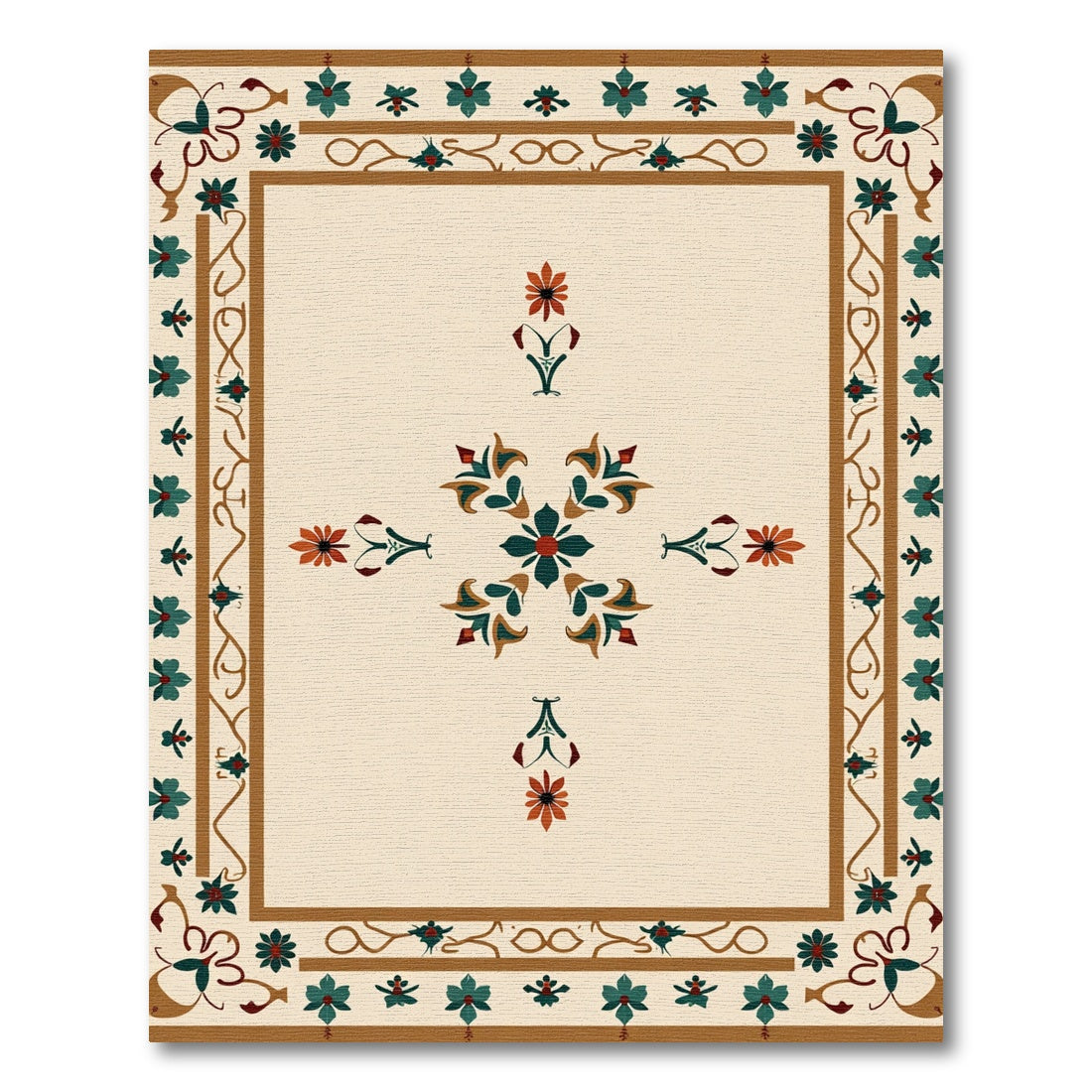 Teal Orange Floral Medallion Beige Rug