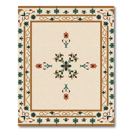 Teal Orange Floral Medallion Beige Rug
