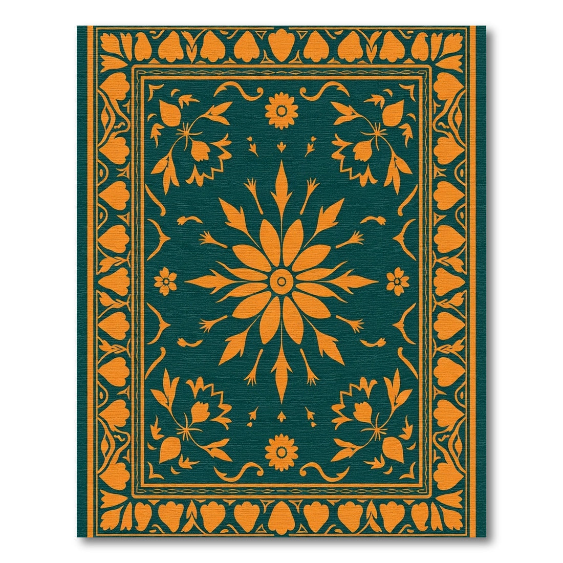 Deep Teal Orange Floral Medallion Rug