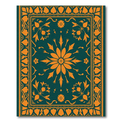 Deep Teal Orange Floral Medallion Rug