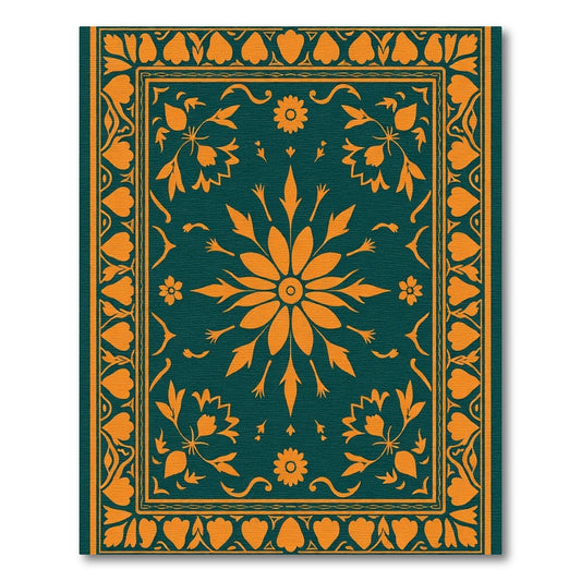Deep Teal Orange Floral Medallion Rug