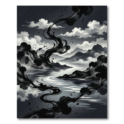 Monochromatic Ink Wash Landscape Swirls Rug