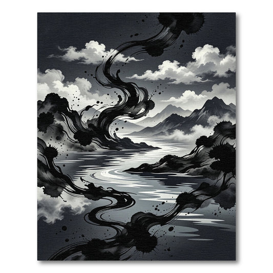 Monochromatic Ink Wash Landscape Swirls Rug