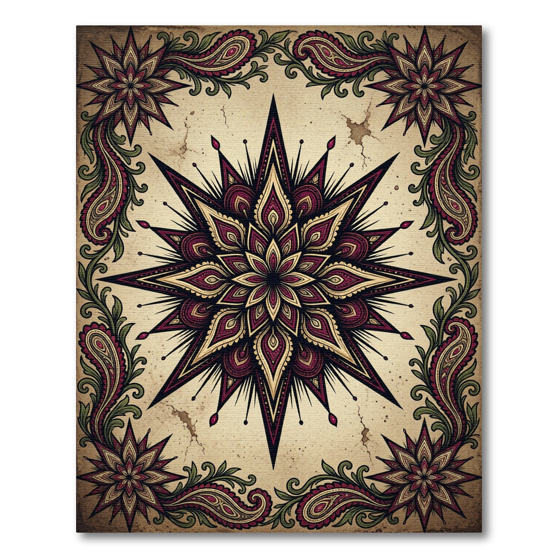 Burgundy Gold Starburst Paisley Border Rug