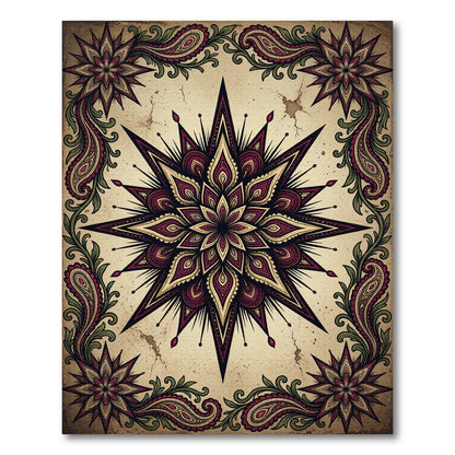 Burgundy Gold Starburst Paisley Border Rug