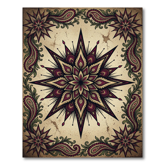 Burgundy Gold Starburst Paisley Border Rug