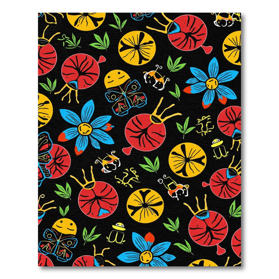 Whimsical Red Yellow Blue Insects Flowers Rug