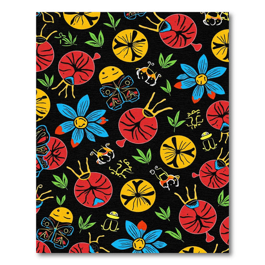 Whimsical Red Yellow Blue Insects Flowers Rug