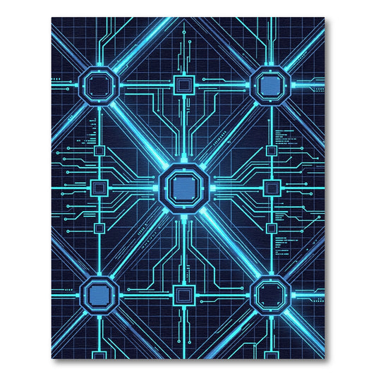 Cybernetic Neon Blue Geometric Grid Rug