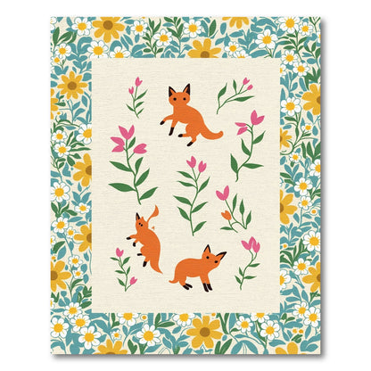Whimsical Orange Foxes Pink Floral Meadow Rug