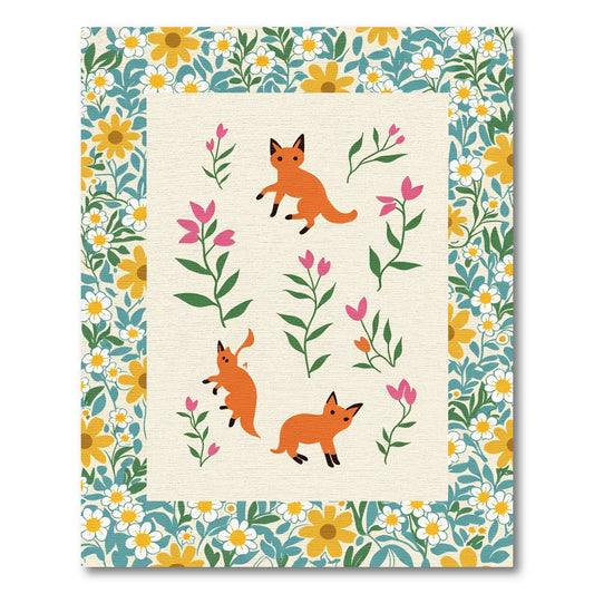 Whimsical Orange Foxes Pink Floral Meadow Rug