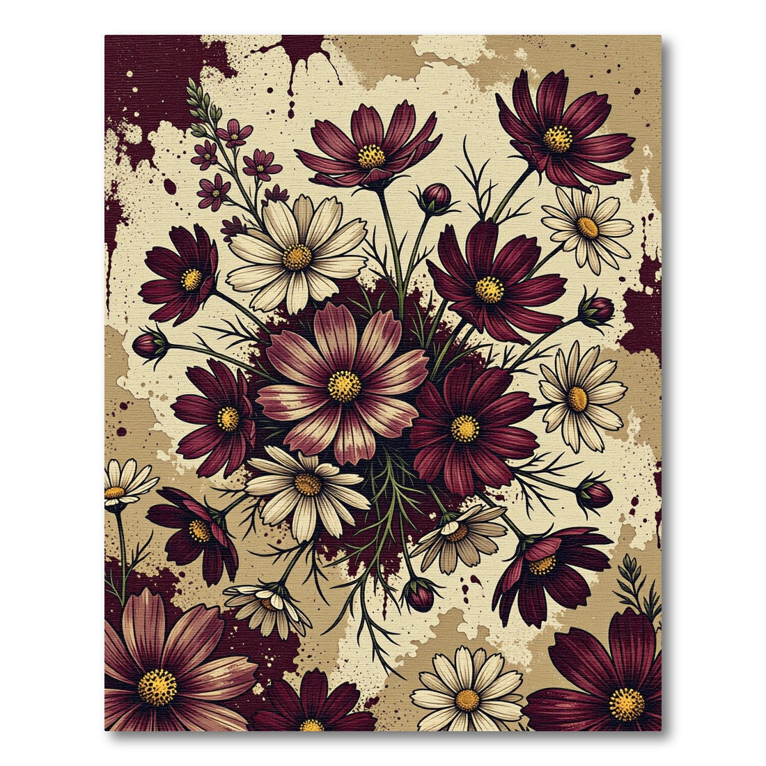 Maroon White Floral Bouquet Background Rug