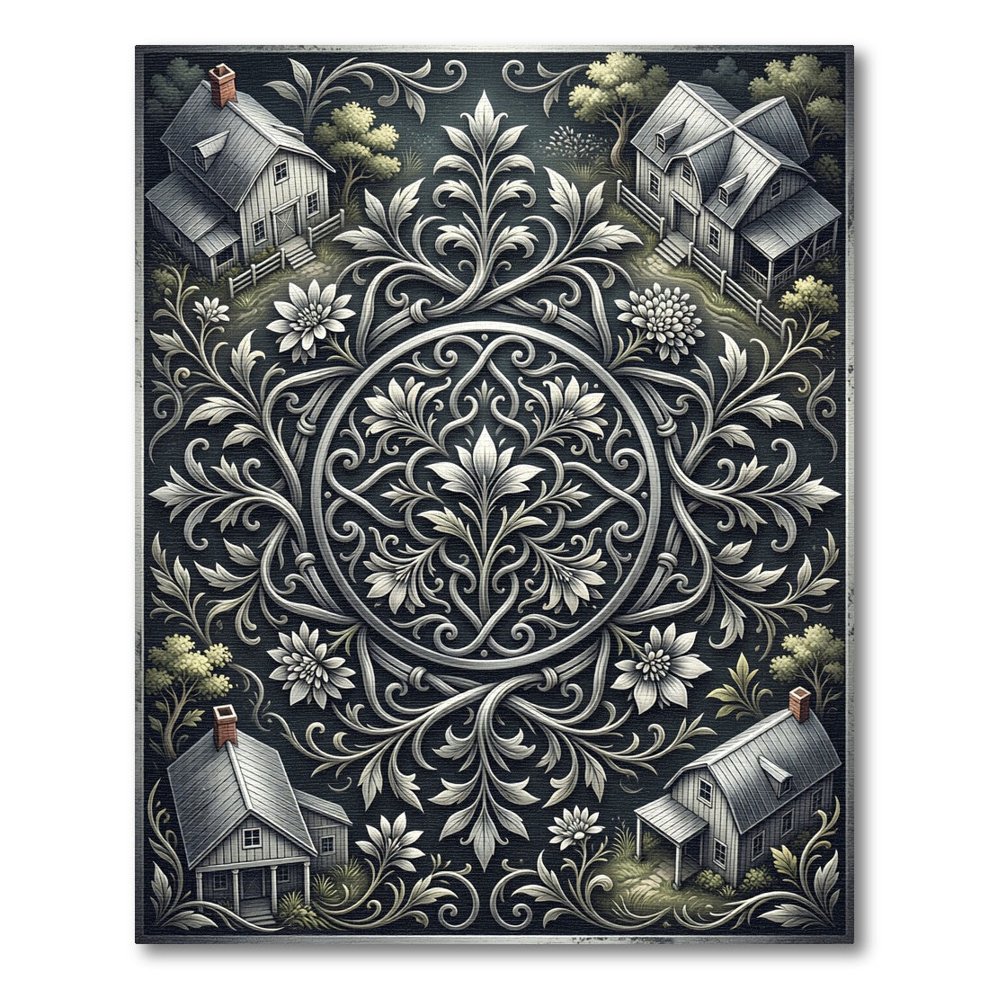 Silver Farmhouse Filigree Floral Medallion Rug