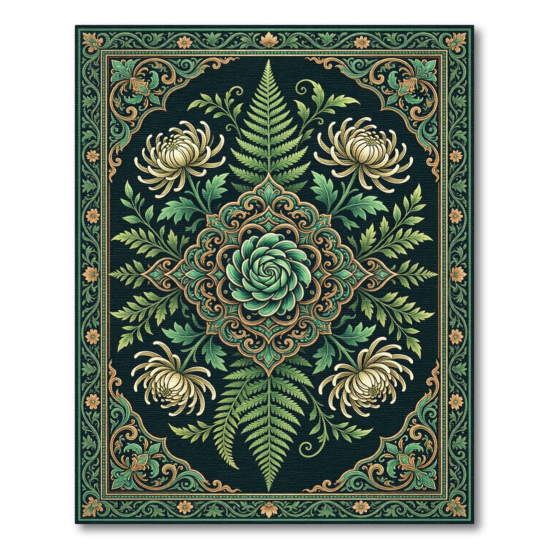 Emerald Fern and Chrysanthemum Botanical Medallion Rug