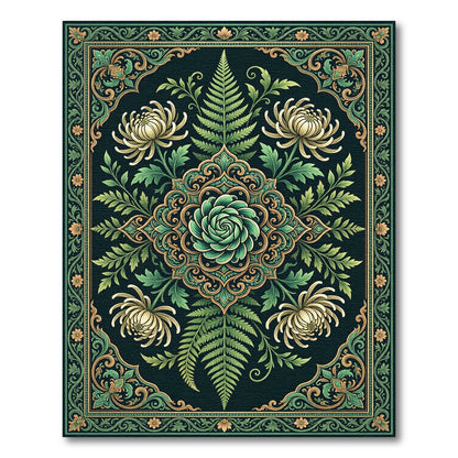 Emerald Fern and Chrysanthemum Botanical Medallion Rug