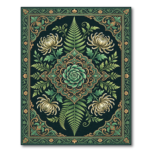 Emerald Fern and Chrysanthemum Botanical Medallion Rug