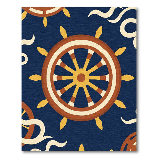 Nautical Ship Wheel Navy Waves Rug
