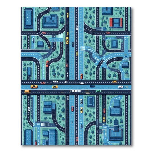 Stylized Teal City Road Map Rug