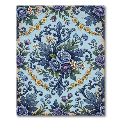 Vintage Blue Rose Floral Scroll Rug