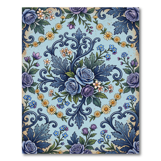Vintage Blue Rose Floral Scroll Rug