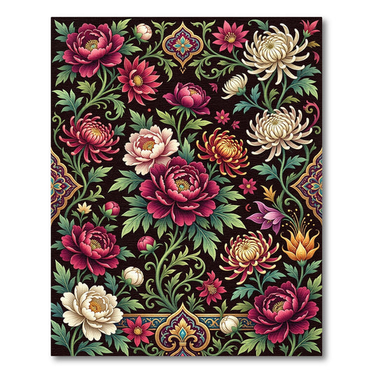 Dark Crimson Floral Art Deco Garden Rug