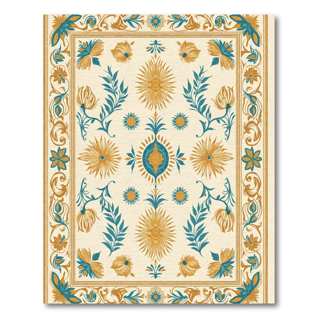 Teal Gold Floral Sunburst Border Rug