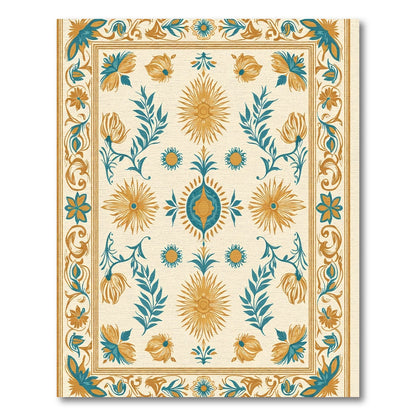 Teal Gold Floral Sunburst Border Rug