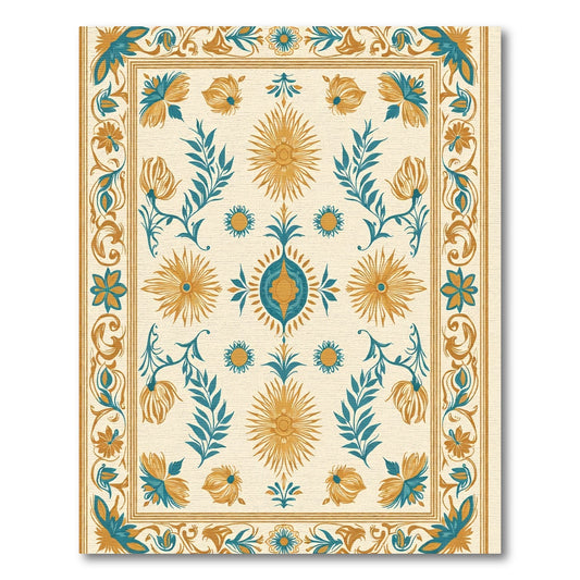 Teal Gold Floral Sunburst Border Rug