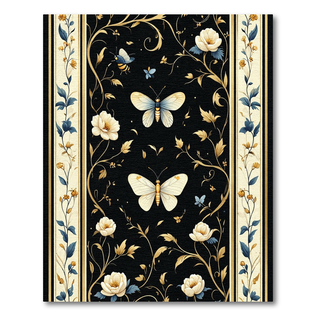 Black Floral Butterfly Garden Rug