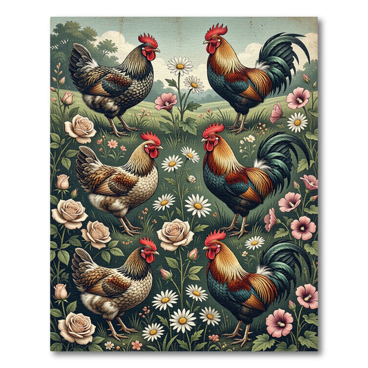 Rooster and Wildflower Folk Art Illustration Rug