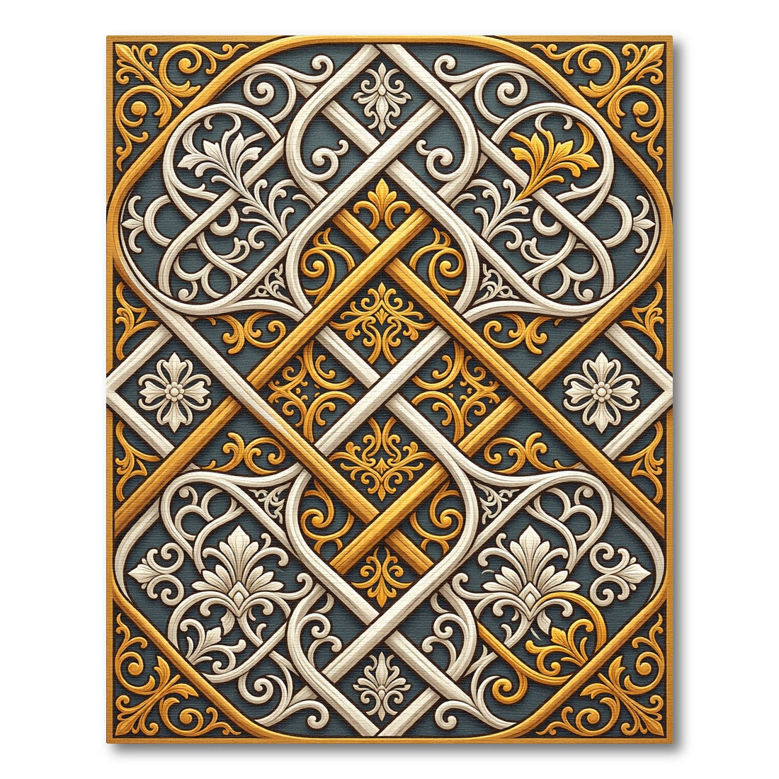 Gold White Intertwined Floral Scroll Rug